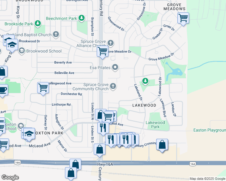 map of restaurants, bars, coffee shops, grocery stores, and more near 180 Century Road in Spruce Grove