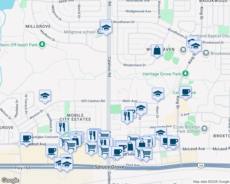 map of restaurants, bars, coffee shops, grocery stores, and more near 610 Calahoo Road in Spruce Grove