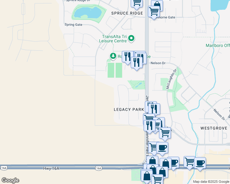 map of restaurants, bars, coffee shops, grocery stores, and more near in Spruce Grove
