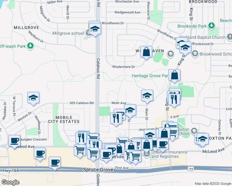 map of restaurants, bars, coffee shops, grocery stores, and more near Spruce Glen in Spruce Grove