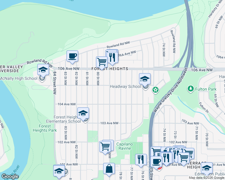 map of restaurants, bars, coffee shops, grocery stores, and more near 10437 79 Street Northwest in Edmonton