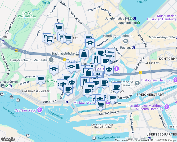 map of restaurants, bars, coffee shops, grocery stores, and more near 1 Ludwig-Erhard-Straße in Hamburg
