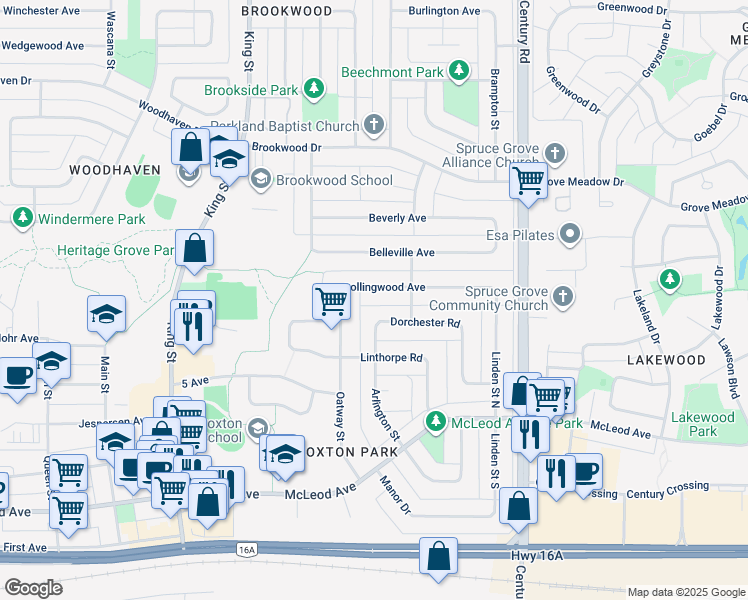 map of restaurants, bars, coffee shops, grocery stores, and more near in Spruce Grove