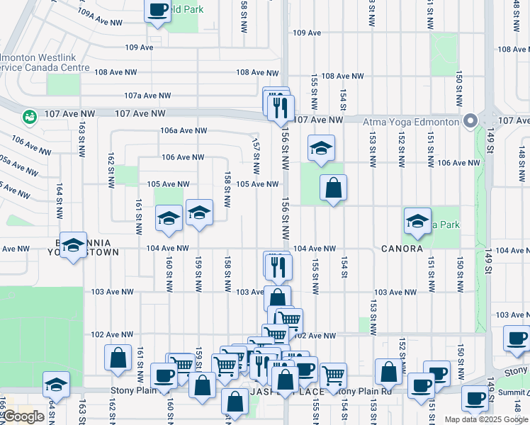 map of restaurants, bars, coffee shops, grocery stores, and more near 10411 157 Street Northwest in Edmonton