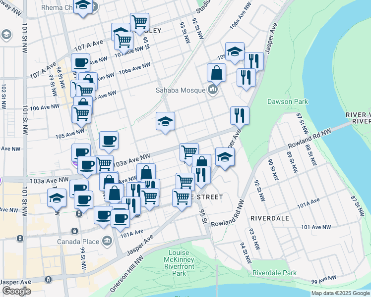 map of restaurants, bars, coffee shops, grocery stores, and more near 9341 104 Avenue Northwest in Edmonton