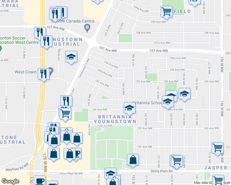 map of restaurants, bars, coffee shops, grocery stores, and more near 16426 105 Avenue Northwest in Edmonton
