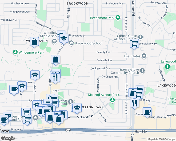 map of restaurants, bars, coffee shops, grocery stores, and more near 34 Oatway Street in Spruce Grove
