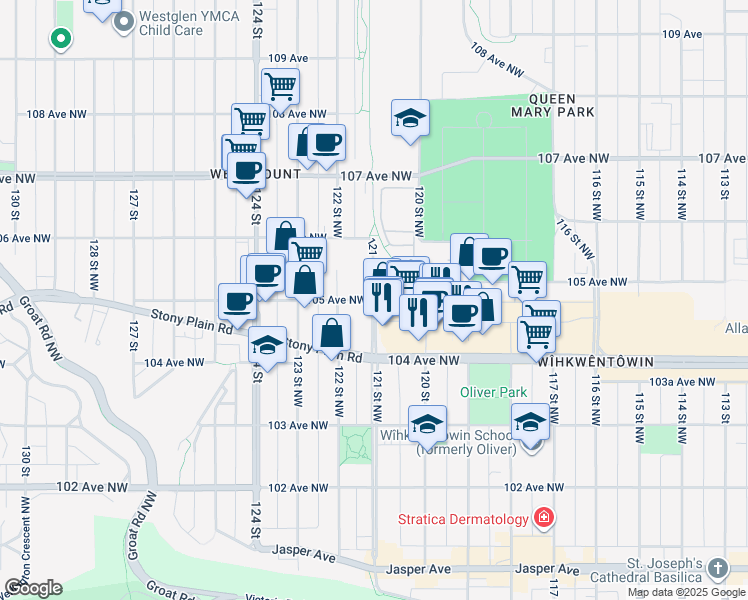 map of restaurants, bars, coffee shops, grocery stores, and more near 121 St NW & 105 Ave NW in Edmonton