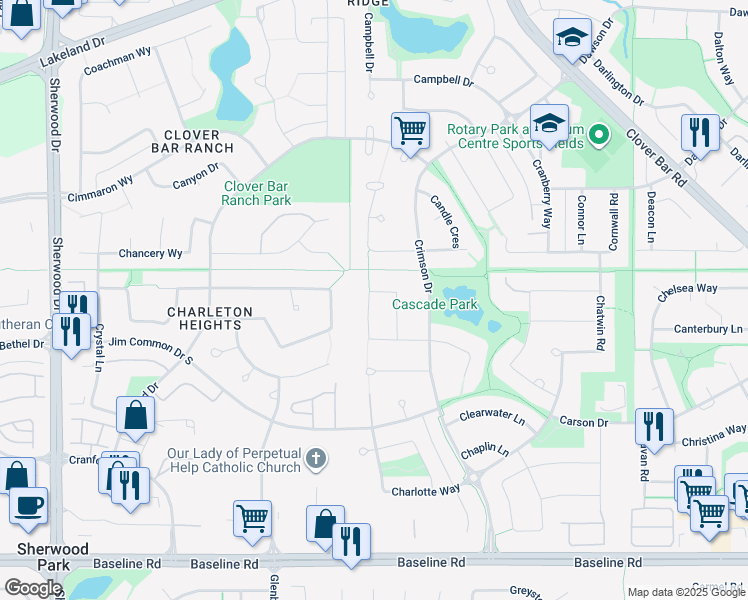 map of restaurants, bars, coffee shops, grocery stores, and more near 4055 Crowsnest Crescent in Sherwood Park