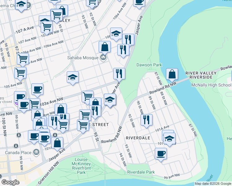 map of restaurants, bars, coffee shops, grocery stores, and more near 9209 Jasper Avenue Northwest in Edmonton