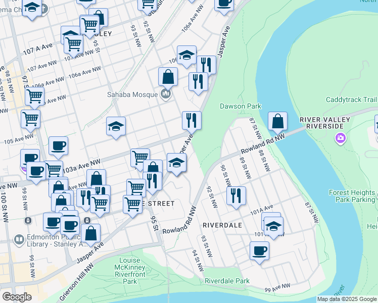map of restaurants, bars, coffee shops, grocery stores, and more near 9189 Jasper Avenue in Edmonton