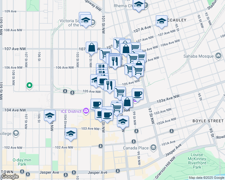 map of restaurants, bars, coffee shops, grocery stores, and more near in Edmonton