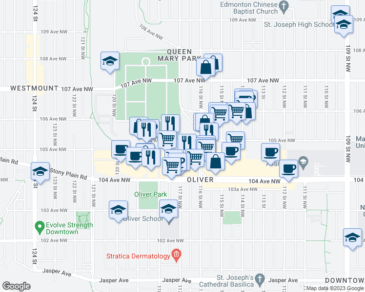 map of restaurants, bars, coffee shops, grocery stores, and more near 11633 105 Avenue Northwest in Edmonton