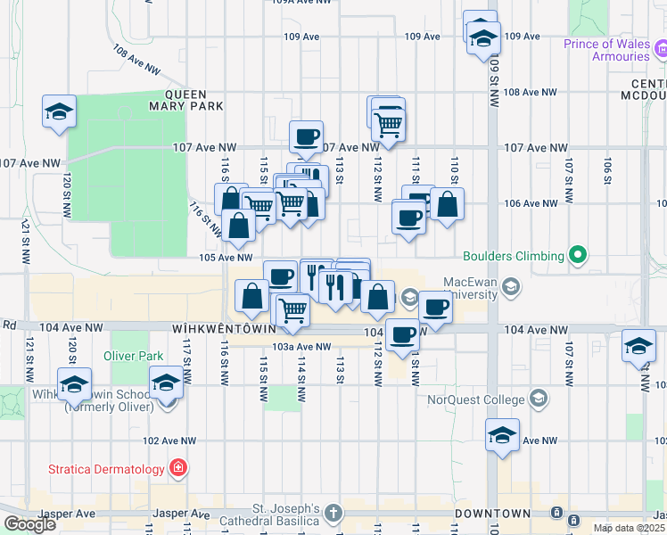 map of restaurants, bars, coffee shops, grocery stores, and more near 10518 113 Street in Edmonton