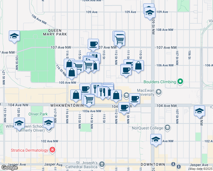 map of restaurants, bars, coffee shops, grocery stores, and more near 10518 113 Street in Edmonton