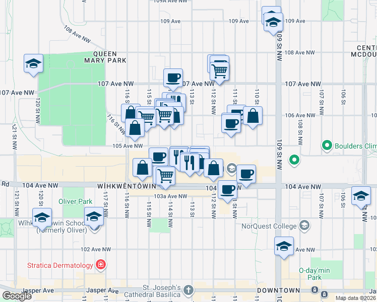 map of restaurants, bars, coffee shops, grocery stores, and more near 11257 105 Avenue in Edmonton