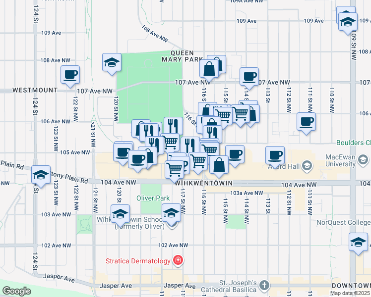 map of restaurants, bars, coffee shops, grocery stores, and more near 10531 117 Street Northwest in Edmonton
