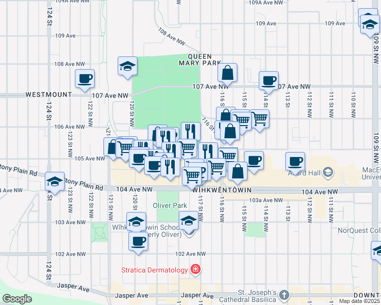 map of restaurants, bars, coffee shops, grocery stores, and more near 11711 105 Avenue Northwest in Edmonton