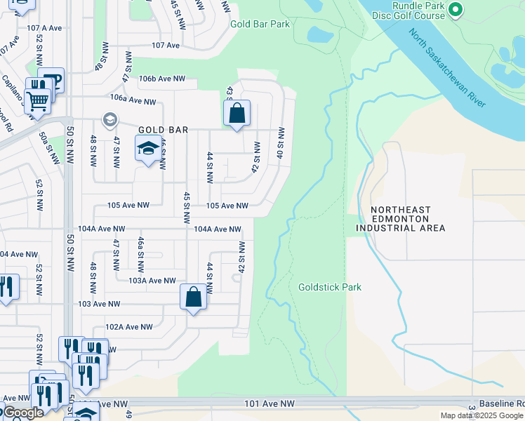 map of restaurants, bars, coffee shops, grocery stores, and more near 10511 105 Avenue in Edmonton