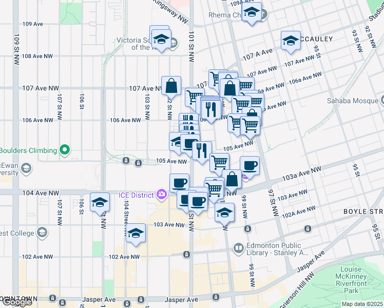 map of restaurants, bars, coffee shops, grocery stores, and more near 14844 101 Street Northwest in Edmonton