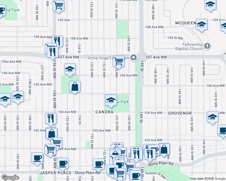 map of restaurants, bars, coffee shops, grocery stores, and more near 10507 151 Street Northwest in Edmonton