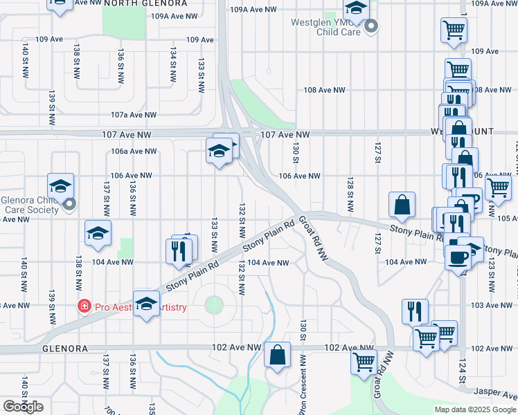 map of restaurants, bars, coffee shops, grocery stores, and more near 10516 131 Street Northwest in Edmonton