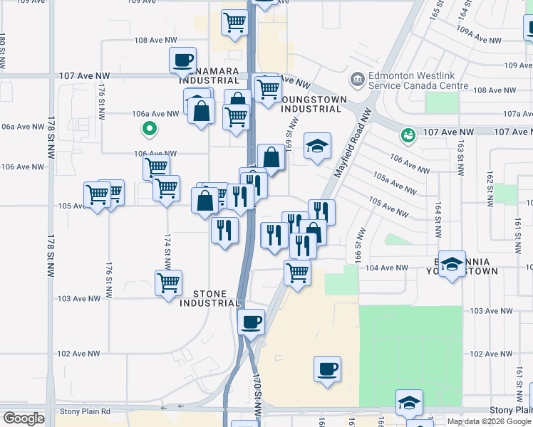 map of restaurants, bars, coffee shops, grocery stores, and more near 10451 170 Street Northwest in Edmonton