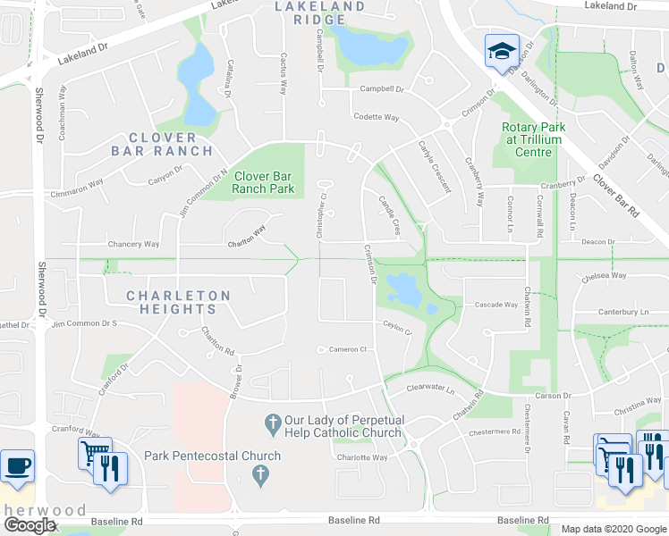 map of restaurants, bars, coffee shops, grocery stores, and more near 4060 Crowsnest Crescent in Sherwood Park