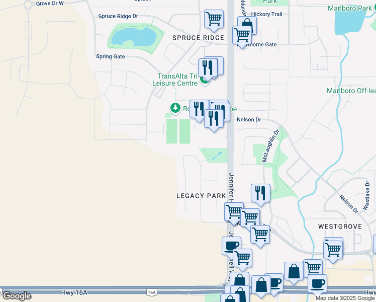 map of restaurants, bars, coffee shops, grocery stores, and more near 64 Lamplight Drive in Spruce Grove