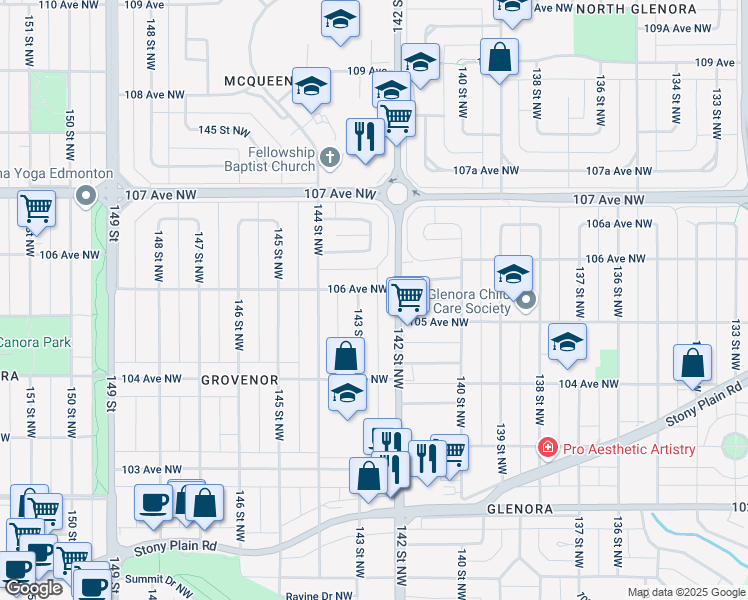 map of restaurants, bars, coffee shops, grocery stores, and more near 10471 143 Street Northwest in Edmonton