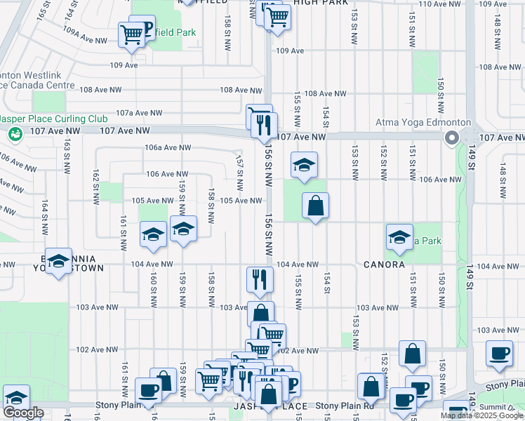 map of restaurants, bars, coffee shops, grocery stores, and more near 10539 105 Avenue Northwest in Edmonton