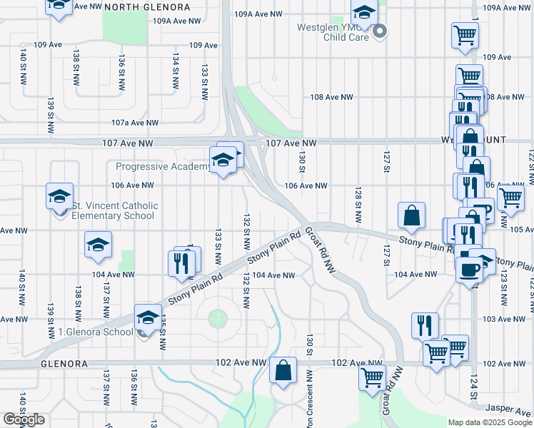 map of restaurants, bars, coffee shops, grocery stores, and more near 10516 131 Street Northwest in Edmonton