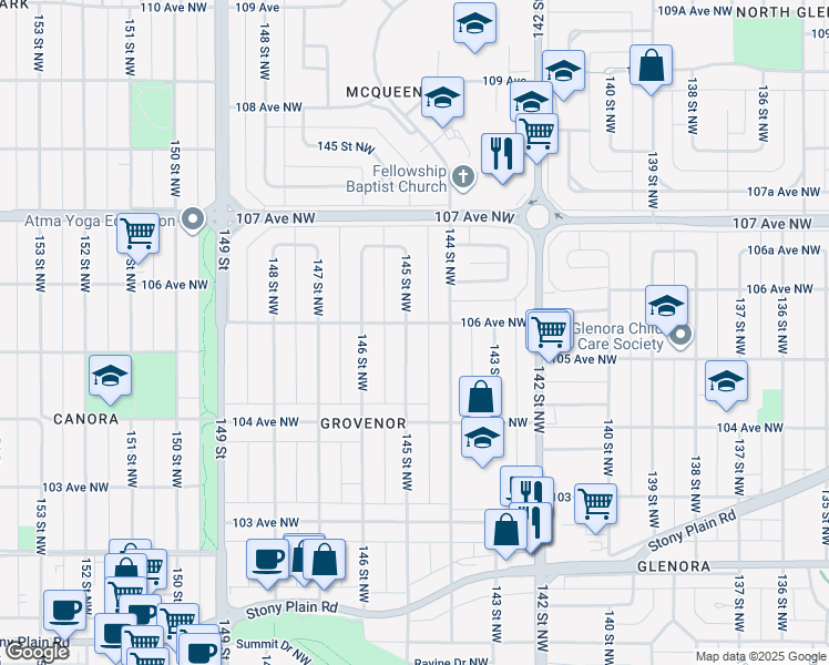 map of restaurants, bars, coffee shops, grocery stores, and more near 10466 145 Street Northwest in Edmonton
