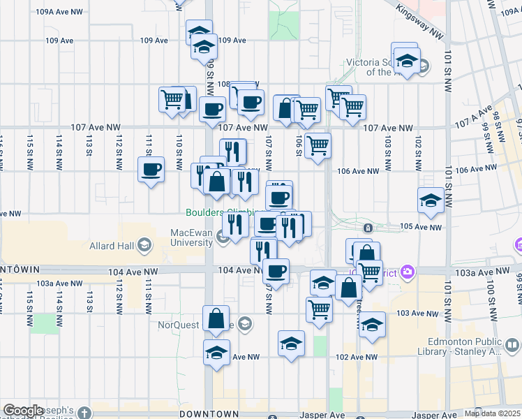map of restaurants, bars, coffee shops, grocery stores, and more near 10 107 Street Northwest in Edmonton