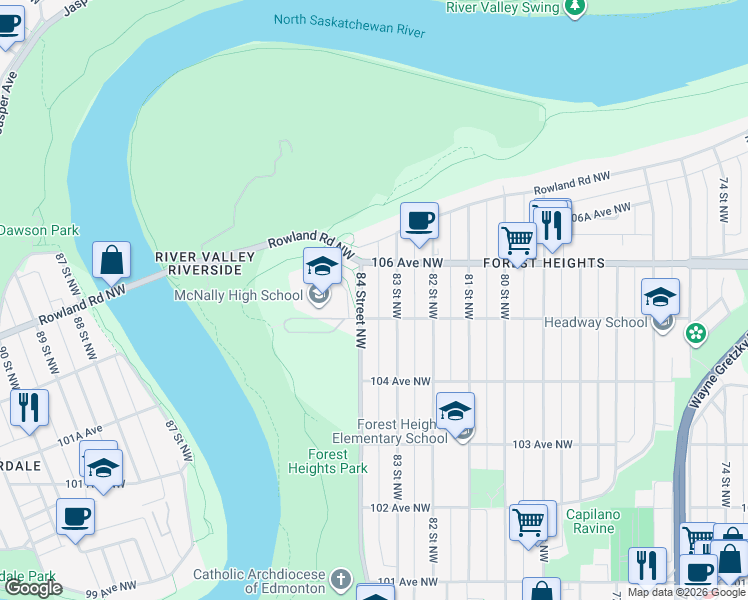map of restaurants, bars, coffee shops, grocery stores, and more near 10519 84 Street Northwest in Edmonton