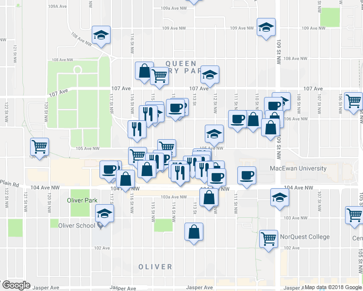 map of restaurants, bars, coffee shops, grocery stores, and more near 10505 114 Street Northwest in Edmonton