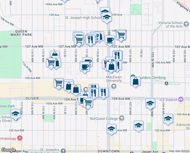 map of restaurants, bars, coffee shops, grocery stores, and more near 11004 105 Avenue Northwest in Edmonton