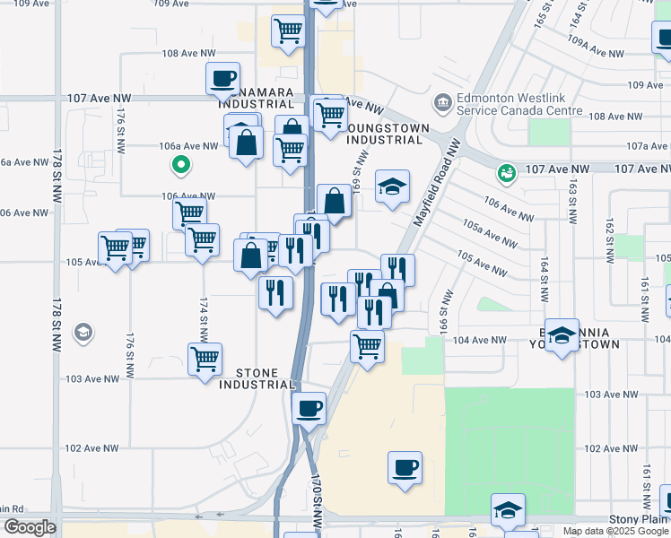 map of restaurants, bars, coffee shops, grocery stores, and more near 10451 170 Street Northwest in Edmonton