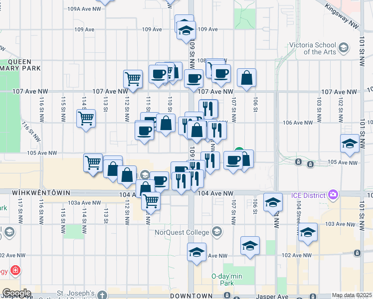 map of restaurants, bars, coffee shops, grocery stores, and more near 10910 105 Avenue Northwest in Edmonton