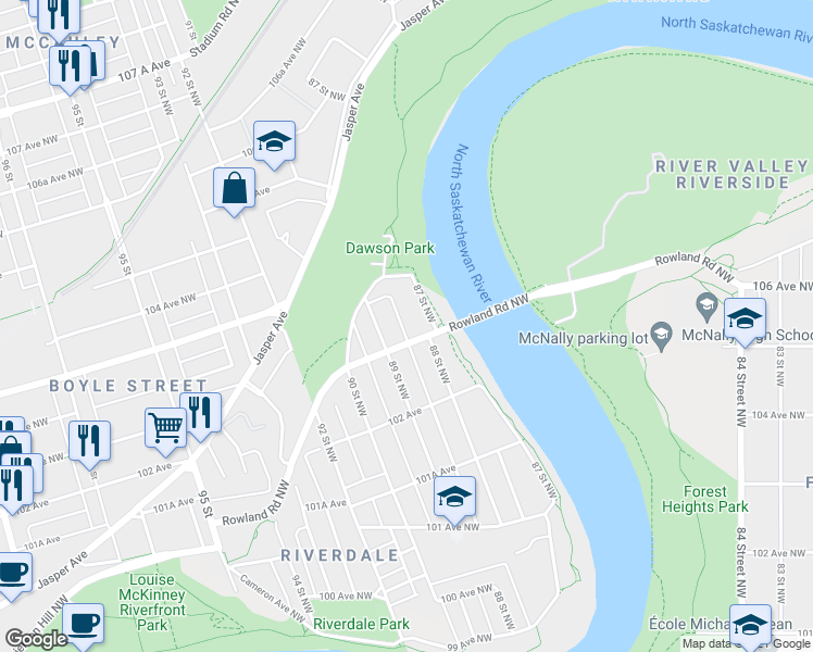 map of restaurants, bars, coffee shops, grocery stores, and more near 8808 Rowland Road Northwest in Edmonton