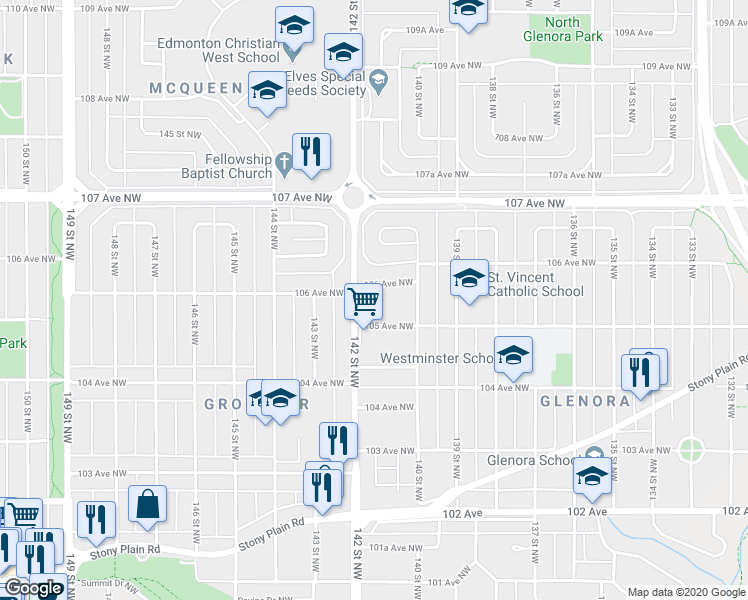 map of restaurants, bars, coffee shops, grocery stores, and more near 14031 106 Avenue Northwest in Edmonton