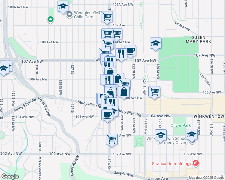 map of restaurants, bars, coffee shops, grocery stores, and more near 10529 124 Street in Edmonton