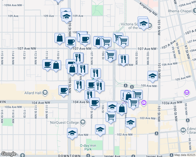 map of restaurants, bars, coffee shops, grocery stores, and more near 10520 106 Street Northwest in Edmonton