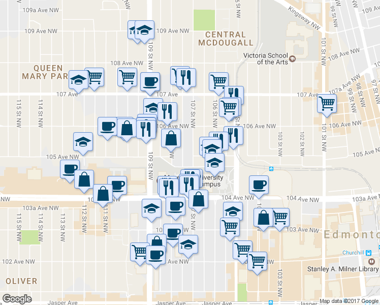 map of restaurants, bars, coffee shops, grocery stores, and more near 10 107 Street Northwest in Edmonton