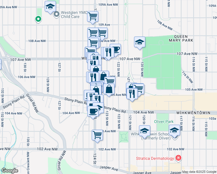 map of restaurants, bars, coffee shops, grocery stores, and more near 10531 123 Street Northwest in Edmonton