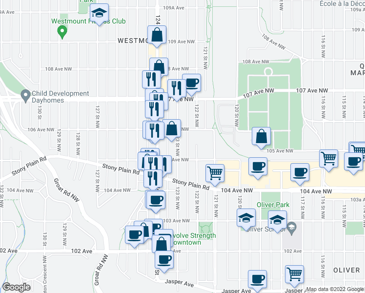 map of restaurants, bars, coffee shops, grocery stores, and more near 10531 123 Street Northwest in Edmonton