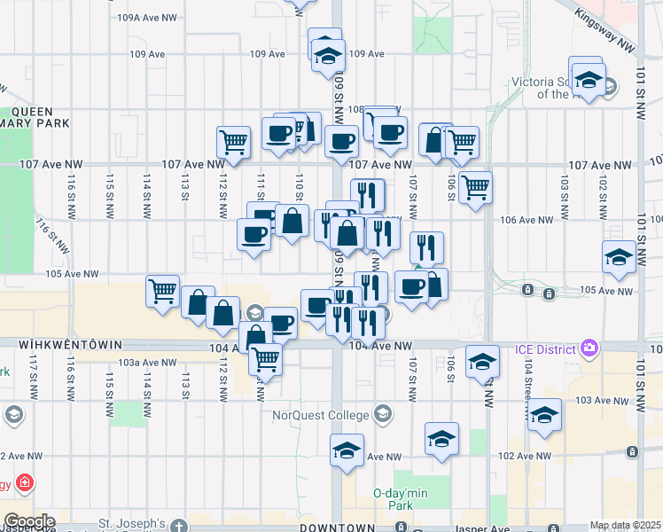 map of restaurants, bars, coffee shops, grocery stores, and more near in Edmonton