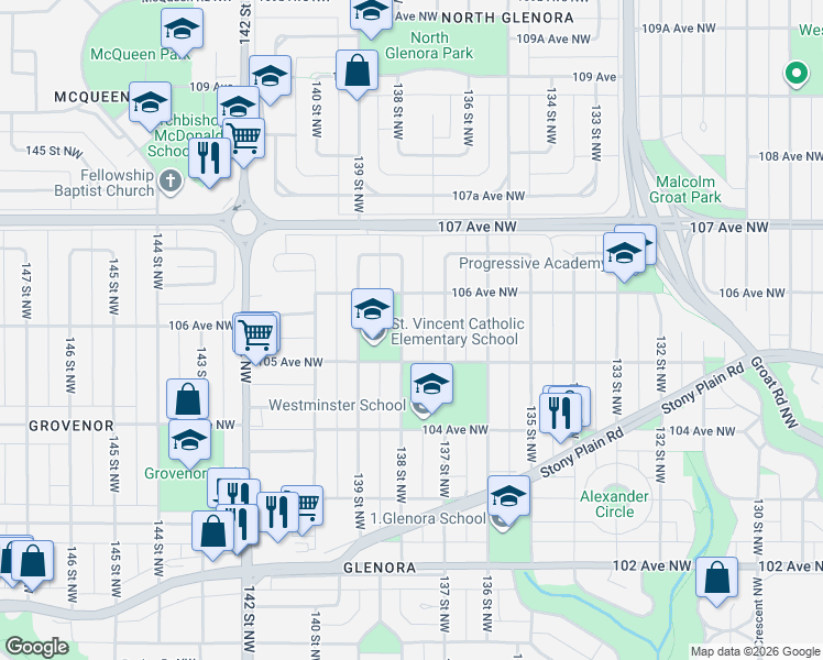 map of restaurants, bars, coffee shops, grocery stores, and more near 10519 138 Street Northwest in Edmonton