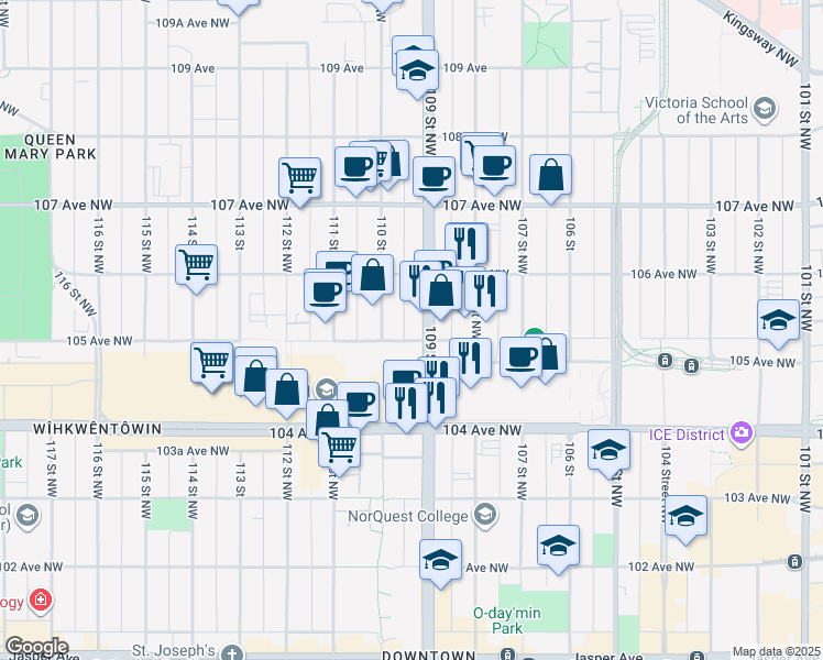 map of restaurants, bars, coffee shops, grocery stores, and more near 10910 105 Avenue Northwest in Edmonton