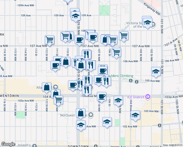 map of restaurants, bars, coffee shops, grocery stores, and more near 10541 108 Street Northwest in Edmonton